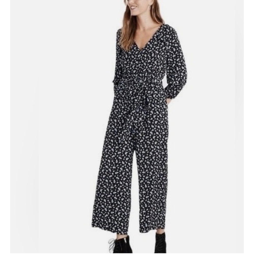 Madewell Jumpsuit Womens XS Black Floral Georgette V-Neck 3/4 Sleeve Elastic